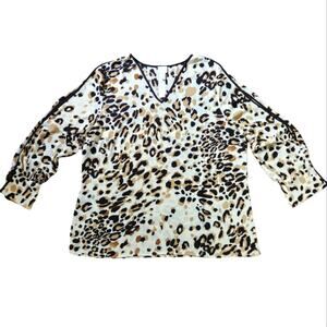 Chico's piped animal top blouse leopard print shoulder slits size XL